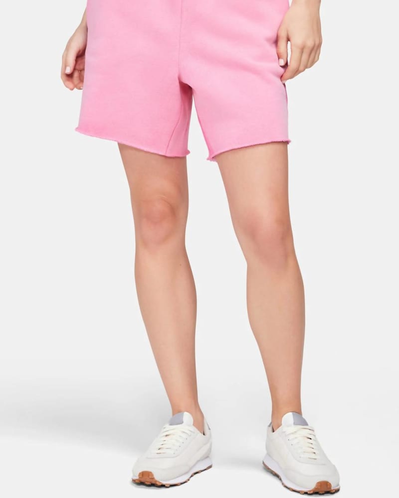 Front of a model wearing a size L Shane Sweat Shorts In Wildflower in Wildflower by WILDFOX. | dia_product_style_image_id:355571